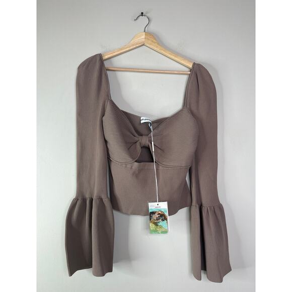 NEW NWT Self Portrait Ribbed Knit Bow Bust Flared Sleeve Cut Out Top Brown - Picture 2 of 10